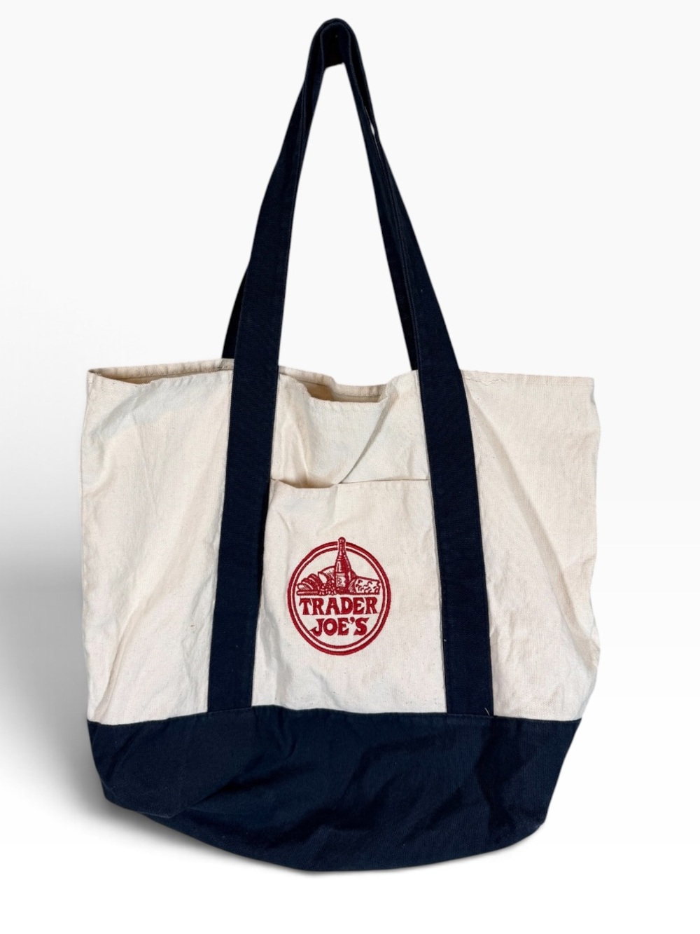 TRADER JOE'S Traditional Tote Bag with Stitched Logo Navy & Natural